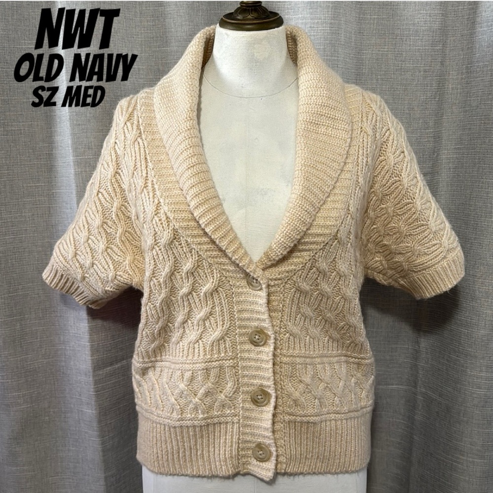 NWT Sweater-Short Sleeve 4 Button Front/Fold Over Collar-Beige-Cotton Blend-Sz M